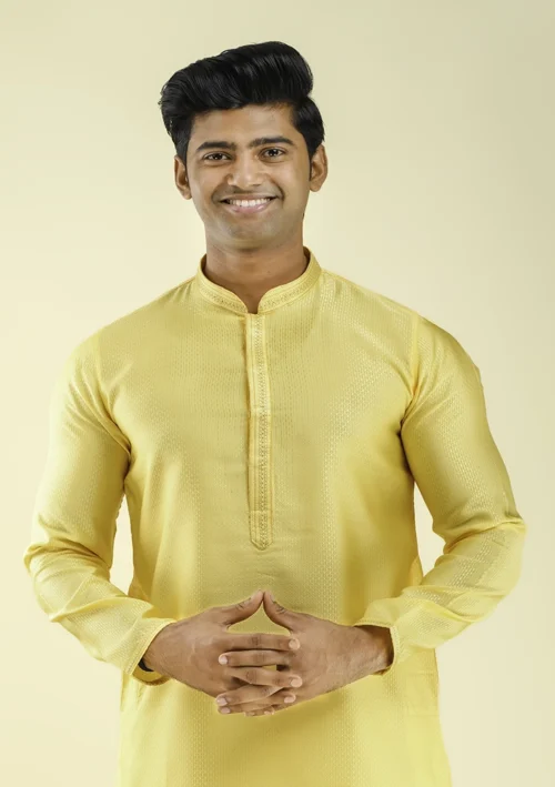 Nawab Parker Nawab Parker Full Sleeves Straight Yellow Kurta Pajama for Men half front view