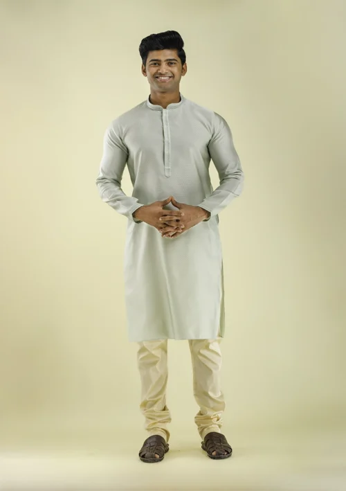 Nawab Parker New Kurta Pajama in Light Green with Textured Art Silk front view