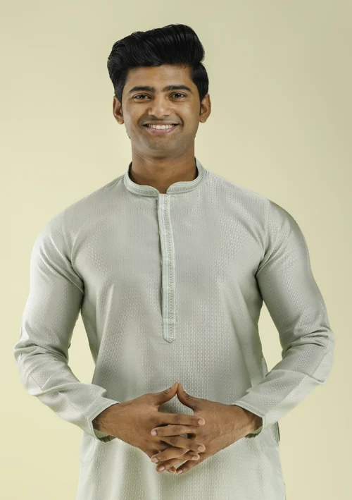 Nawab Parker New Kurta Pajama in Light Green with Textured Art Silk half front view