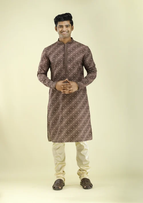 Nawab Parker New Printed Brown Kurta Pajama for Special Occasions front view