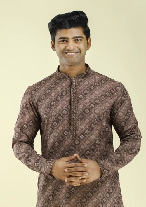 Nawab Parker New Printed Brown Kurta Pajama for Special Occasions half front view