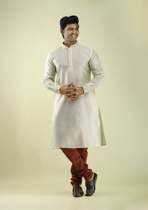 Nawab Parker Party Wear Cream Color Kurta Pajama for Men front view