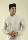 Nawab Parker Party Wear Cream Color Kurta Pajama for Men HALF FRONT VIEW