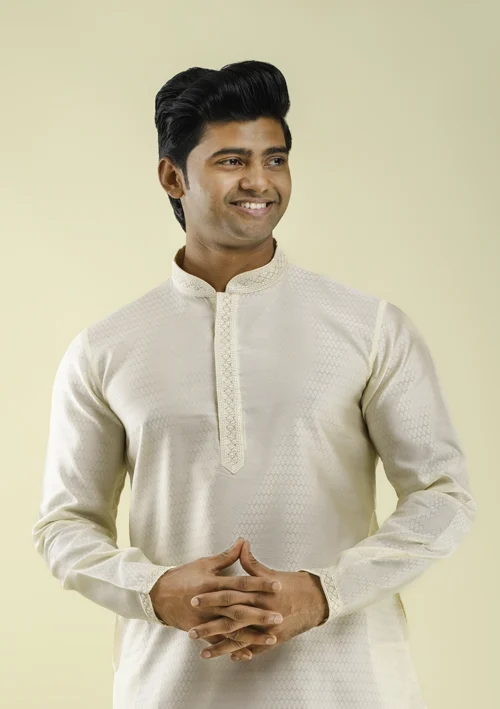 Nawab Parker Party Wear Cream Color Kurta Pajama for Men HALF FRONT VIEW