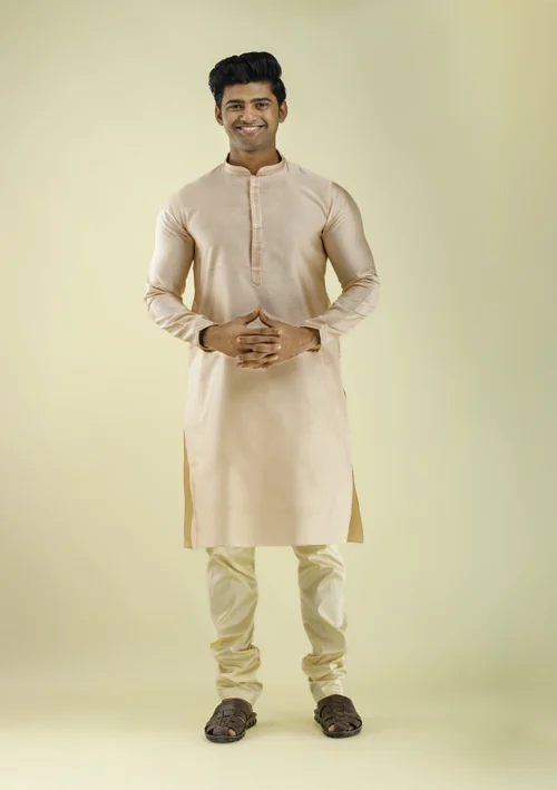 Nawab Parker Party Wear Peach Colour Kurta Pajama with Art Silk Fabric front view