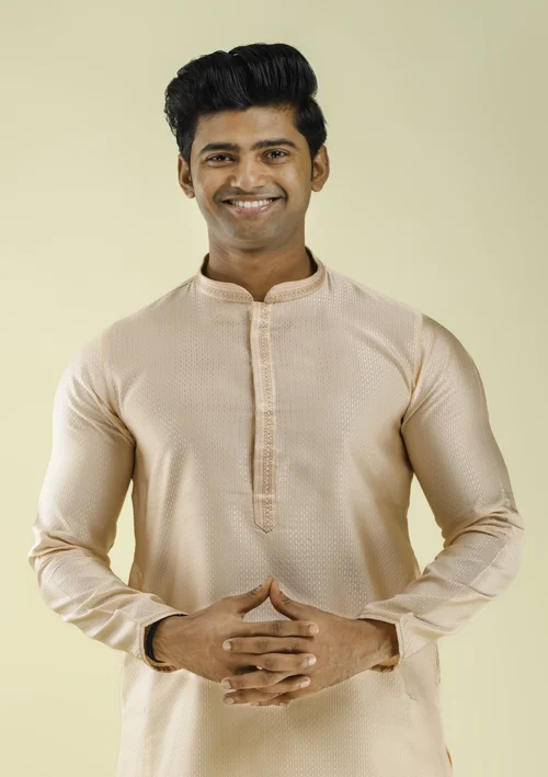 Nawab Parker Party Wear Peach Colour Kurta Pajama with Art Silk Fabric half front view