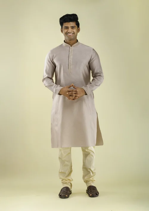 Nawab Parker Pastel Pink Wedding Kurta Pajama for Men front view
