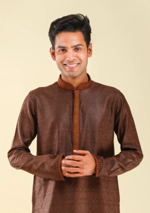 Nawab Parker Patterned Brown Kurta Pajama Viscose Silk Party Wear front half view