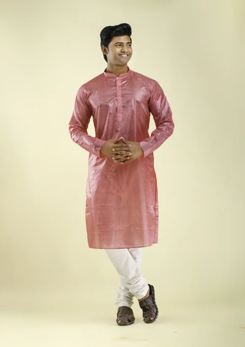 Nawab Parker Pink Color Silk Kurta for Men with White Pajama front view