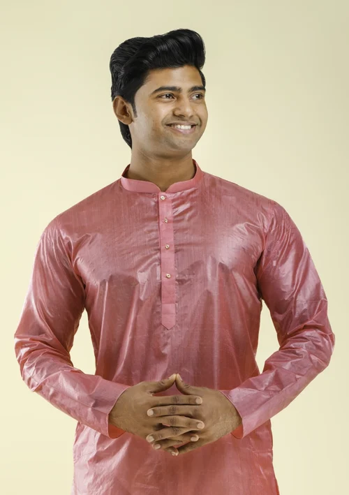 Nawab Parker Pink Color Silk Kurta for Men with White Pajama half front view