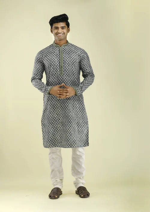 Nawab Parker Pista Green Printed Kurta Pajama with Motif Design Front - view