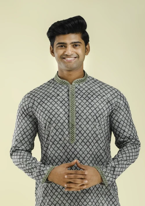 Nawab Parker Pista Green Printed Kurta Pajama with Motif Design Half Front - view