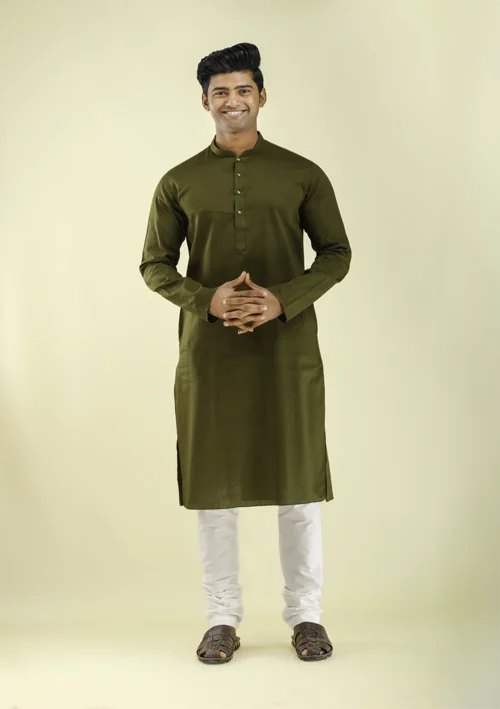 Nawab Parker Premium Cotton Blend Men's Mehndi Green Kurta Pajama front view