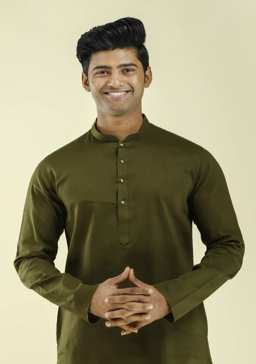 Nawab Parker Premium Cotton Blend Men's Mehndi Green Kurta Pajama half front view