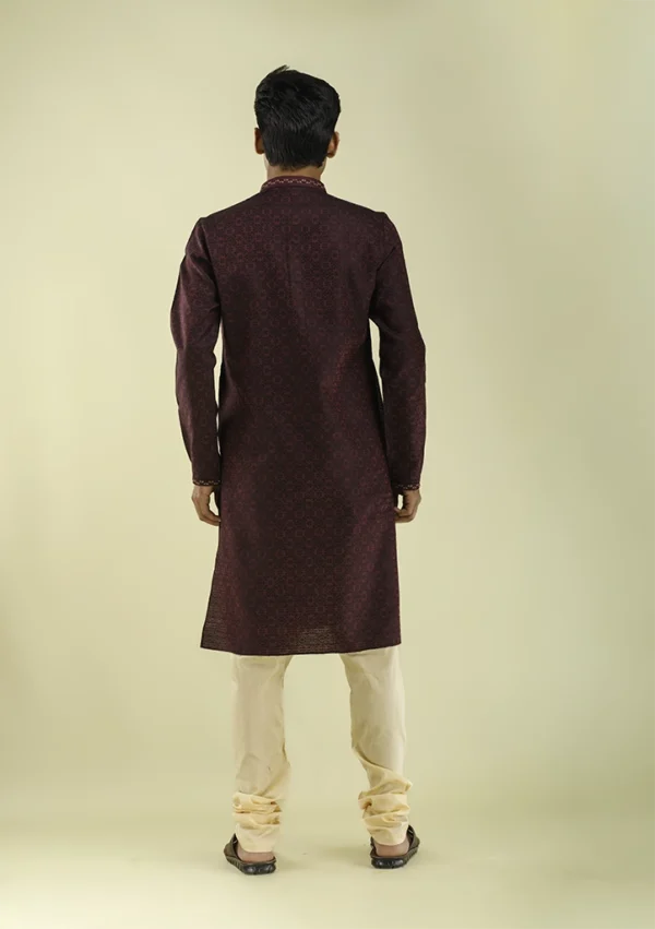 Nawab Parker Premium Design Maroon Kurta Pajama with Black Threadwork Back - VIEW