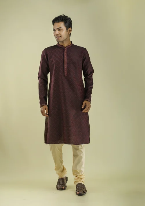 Nawab Parker Premium Design Maroon Kurta Pajama with Black Threadwork Front - VIEW