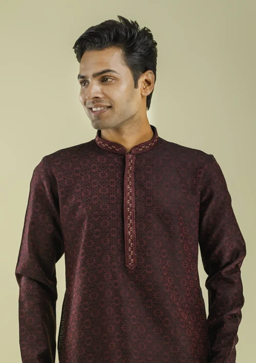 Nawab Parker Premium Design Maroon Kurta Pajama with Black Threadwork Half Front - VIEW