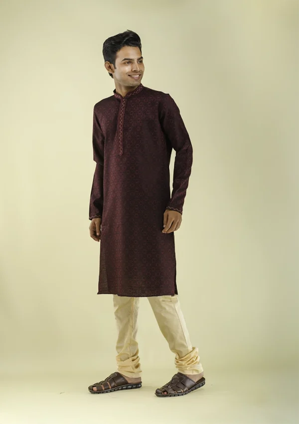 Nawab Parker Premium Design Maroon Kurta Pajama with Black Threadwork Left - VIEW