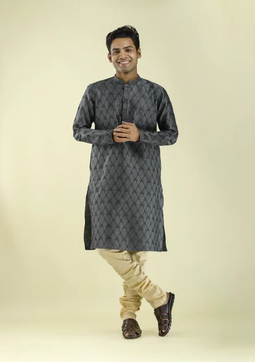 Nawab Parker Premium Motif Design Dark Gray Kurta Pajama for Men front -view