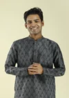 Nawab Parker Premium Motif Design Dark Gray Kurta Pajama for Men half front -view