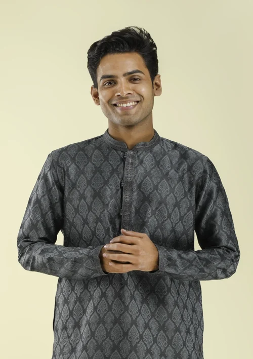 Nawab Parker Premium Motif Design Dark Gray Kurta Pajama for Men half front -view