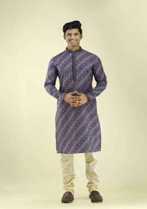 Nawab Parker Printed Kurta Pajama for Men with Embroidered Collar front - view