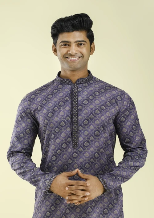 Nawab Parker Printed Kurta Pajama for Men with Embroidered Collar half front - view