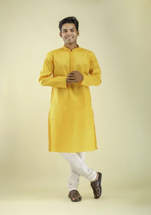 Nawab Parker Self Design Vibrant Yellow Kurta Pajama for Men front view
