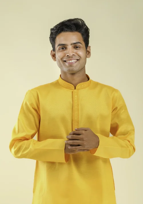 Nawab Parker Self Design Vibrant Yellow Kurta Pajama for Men half front view