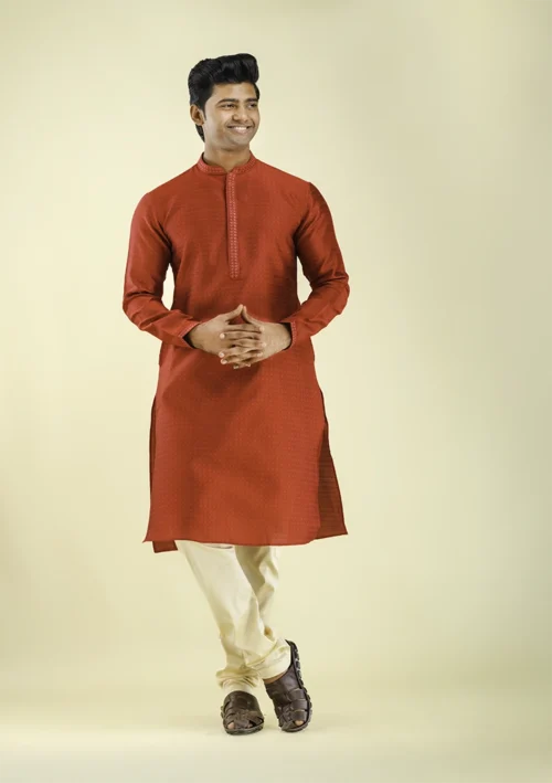 Nawab Parker Shop Diamond Jacquard Red Kurta Pajama for Men Front - View