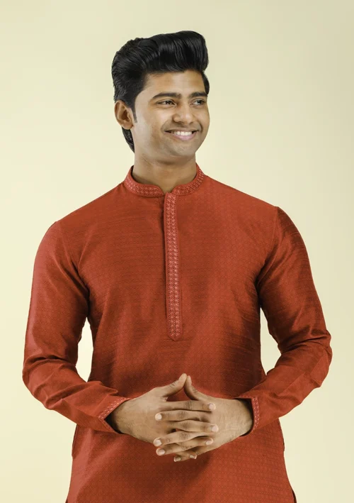 Nawab Parker Shop Diamond Jacquard Red Kurta Pajama for Men Half Front - View