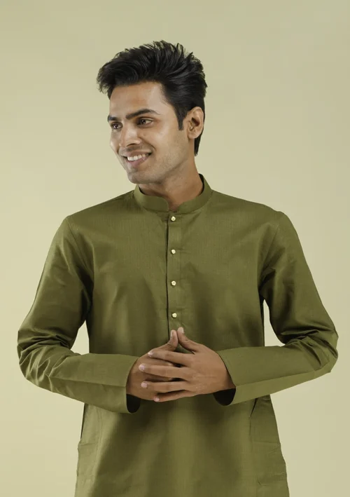 Nawab Parker Shop Men’s Mehndi Colour Kurta Pajama for Ethnic Wear half front view