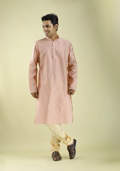 Nawab Parker Silky Peach Color Party Wear Kurta Pajama for Men front view