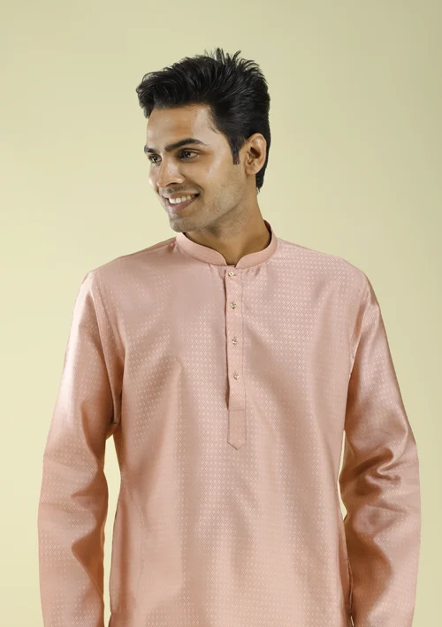 Nawab Parker Silky Peach Color Party Wear Kurta Pajama for Men half front view