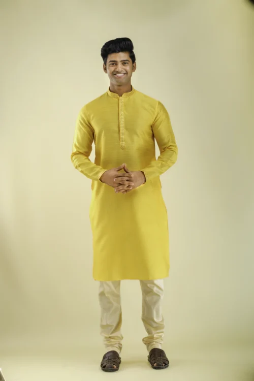 Nawab Parker Sunshine Yellow Kurta Pajama with Woven Textures Front - View