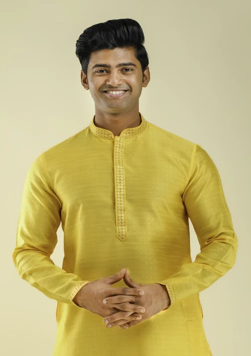 Nawab Parker Sunshine Yellow Kurta Pajama with Woven Textures Half Front - View