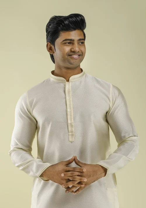 Nawab Parker Textured Silk Cream Color Kurta Pajama For Diwali half front view