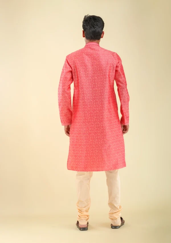 Nawab Parker Thin Fabric Silk Blend Gajari Pink Kurta Pajama For Men back view