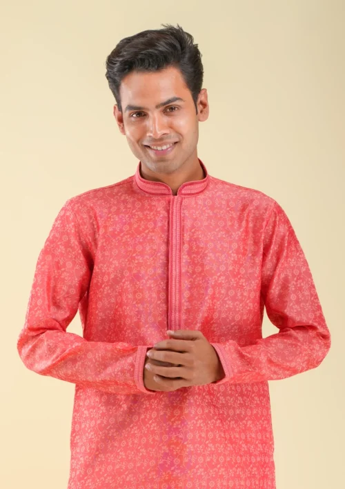 Nawab Parker Thin Fabric Silk Blend Gajari Pink Kurta Pajama For Men front kurta view