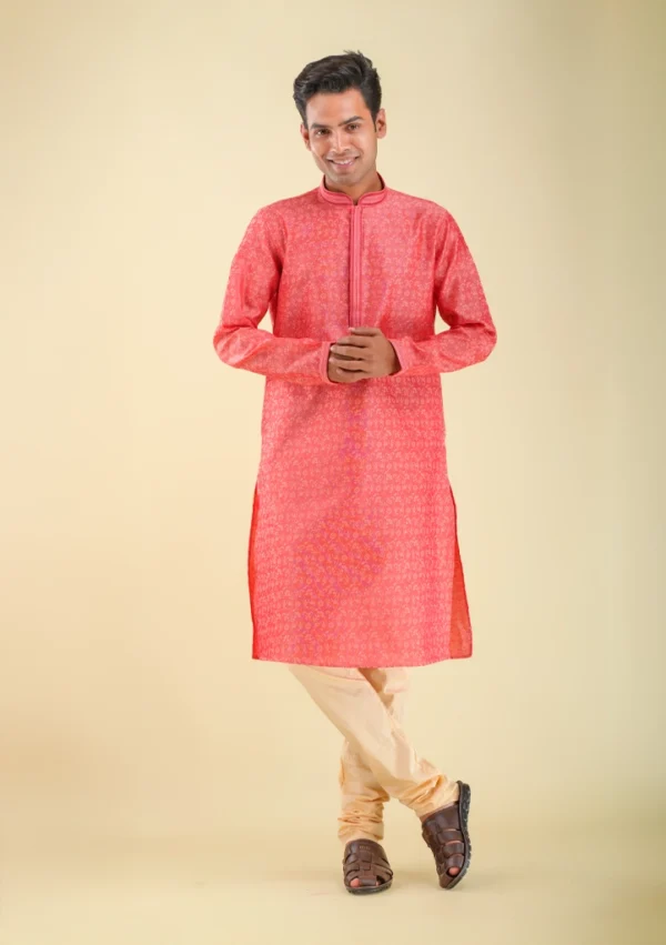 Nawab Parker Thin Fabric Silk Blend Gajari Pink Kurta Pajama For Men full front view