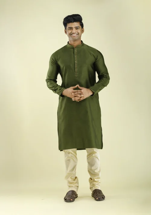 Nawab Parker Traditional Art Silk Mehndi Green Kurta Pajama front view