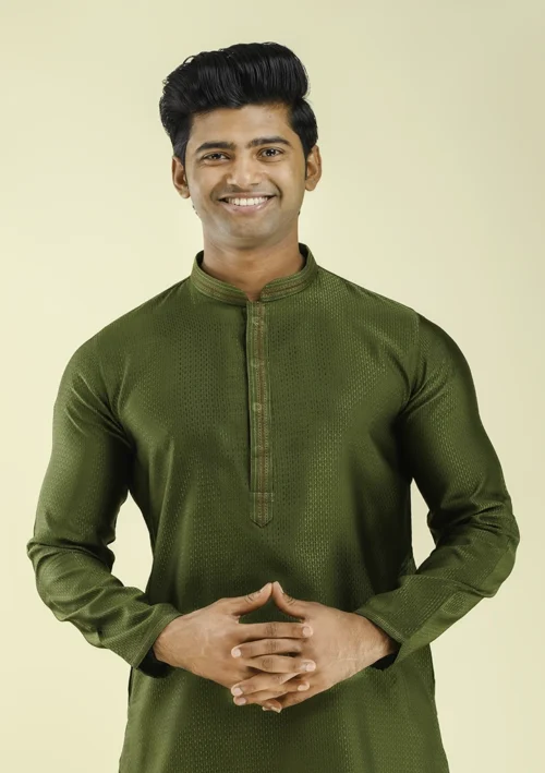 Nawab Parker Traditional Art Silk Mehndi Green Kurta Pajama half front view