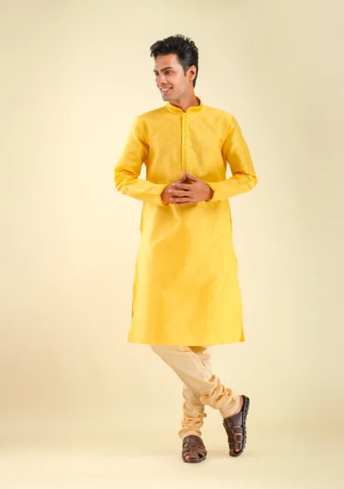 Nawab Parker Traditional Yellow Kurta Pajama for Haldi Ceremony Front Full view