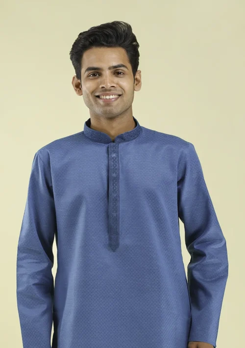 Nawab Parker Trending Blue Kurta Pajama with Subtle Patterns half front view
