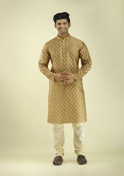 Nawab Parker Warm Mustard Yellow Kurta Pajama with Buti Patterns front view