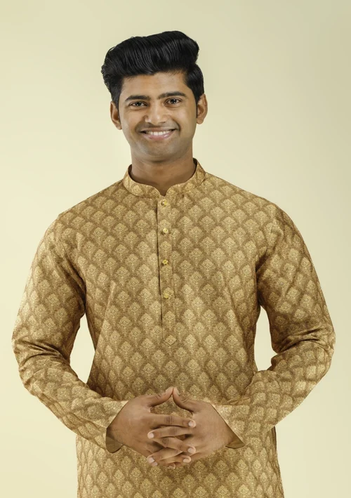 Nawab Parker Warm Mustard Yellow Kurta Pajama with Buti Patterns half front view