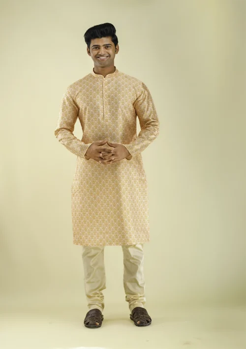 Nawab Parker Warm Peach Damask Printed Kurta Pajama for Men front - view