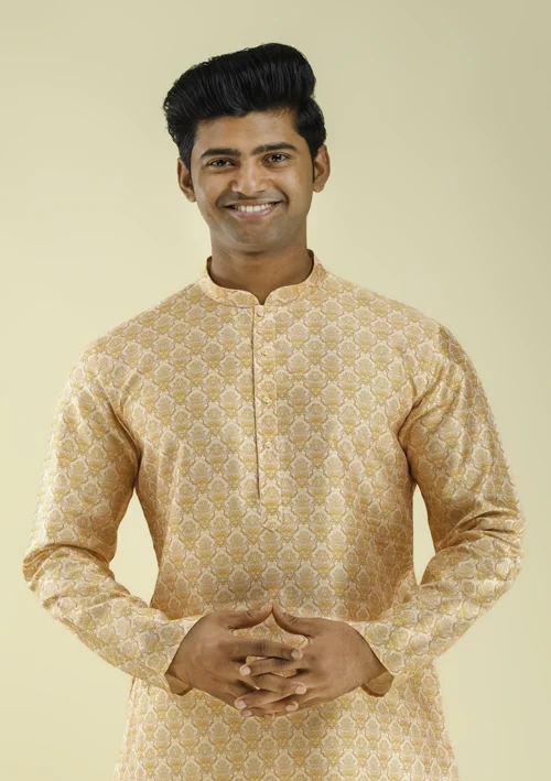 Nawab Parker Warm Peach Damask Printed Kurta Pajama for Men half front - view