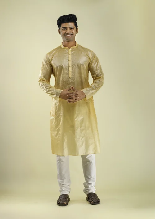 Nawab Parker Wedding Grandeur Golden Pure Silk Kurta Pajama for Men front view