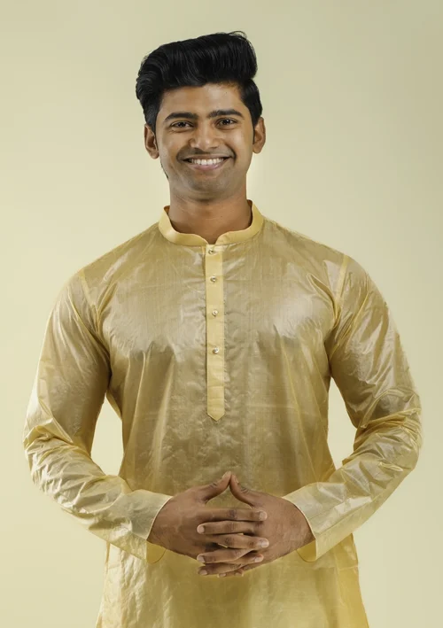 Nawab Parker Wedding Grandeur Golden Pure Silk Kurta Pajama for Men half front view